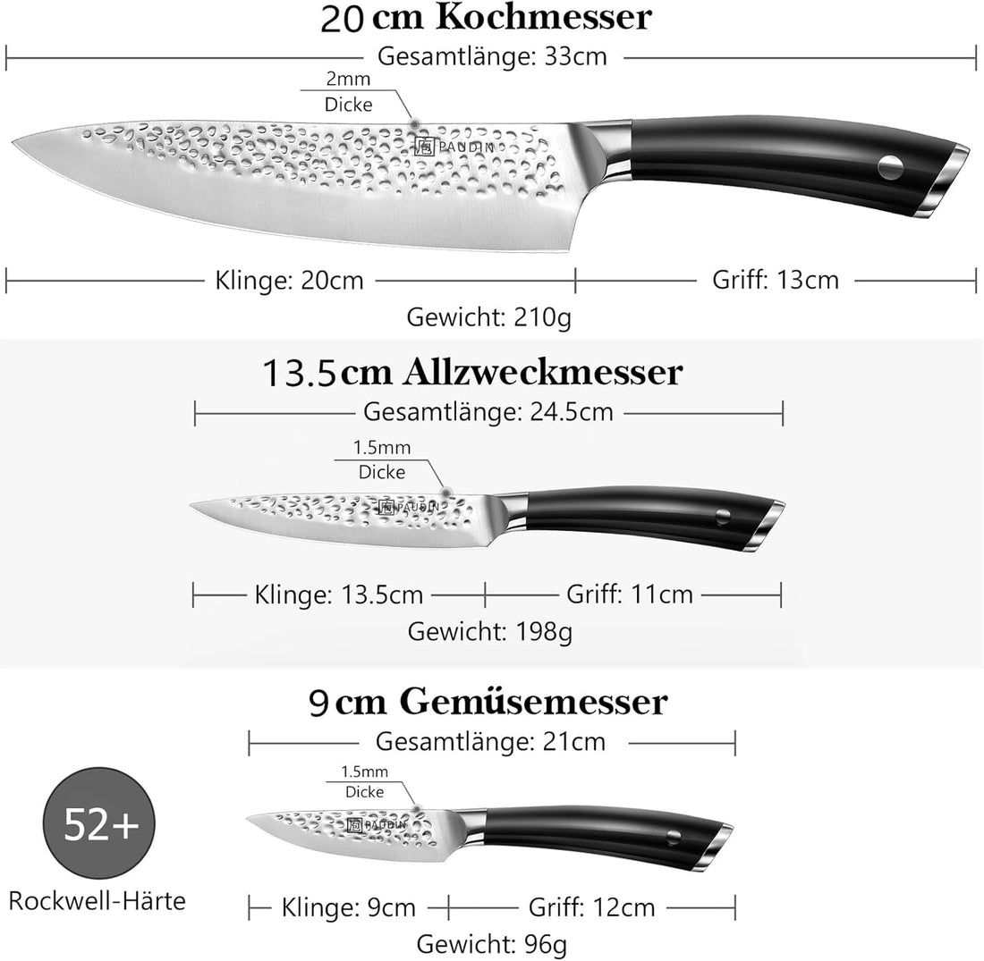 PAUDIN Hammer Premium 3-Piece Kitchen Knife Set | Chef’s Knife, Utility & Paring Knives