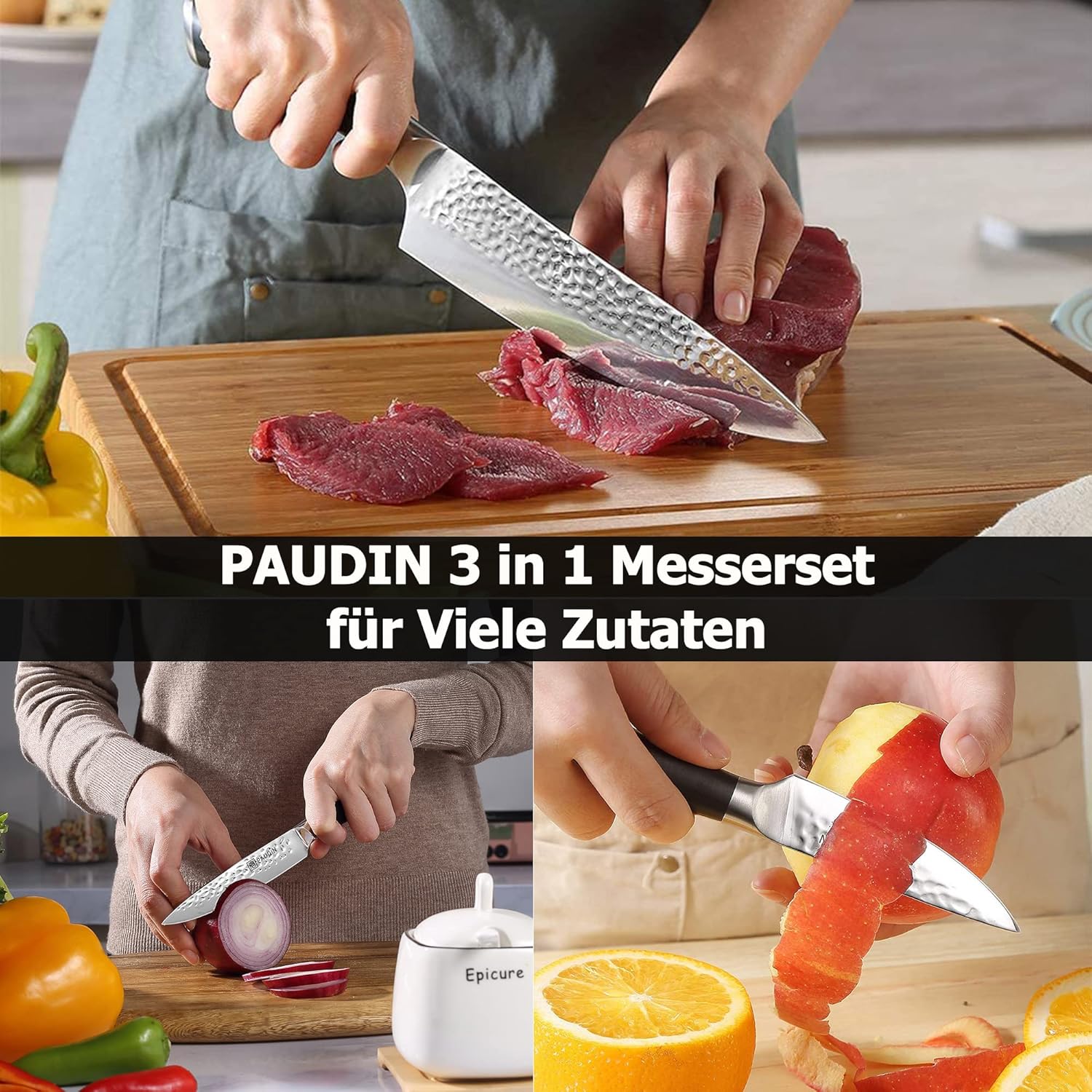 PAUDIN Hammer Premium 3-Piece Kitchen Knife Set | Chef’s Knife, Utility & Paring Knives