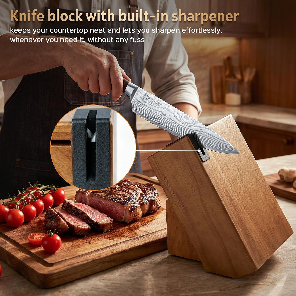 PAUDIN KT9 10-Piece Knife Set with Wooden Knife Block & Built-in Sharpener