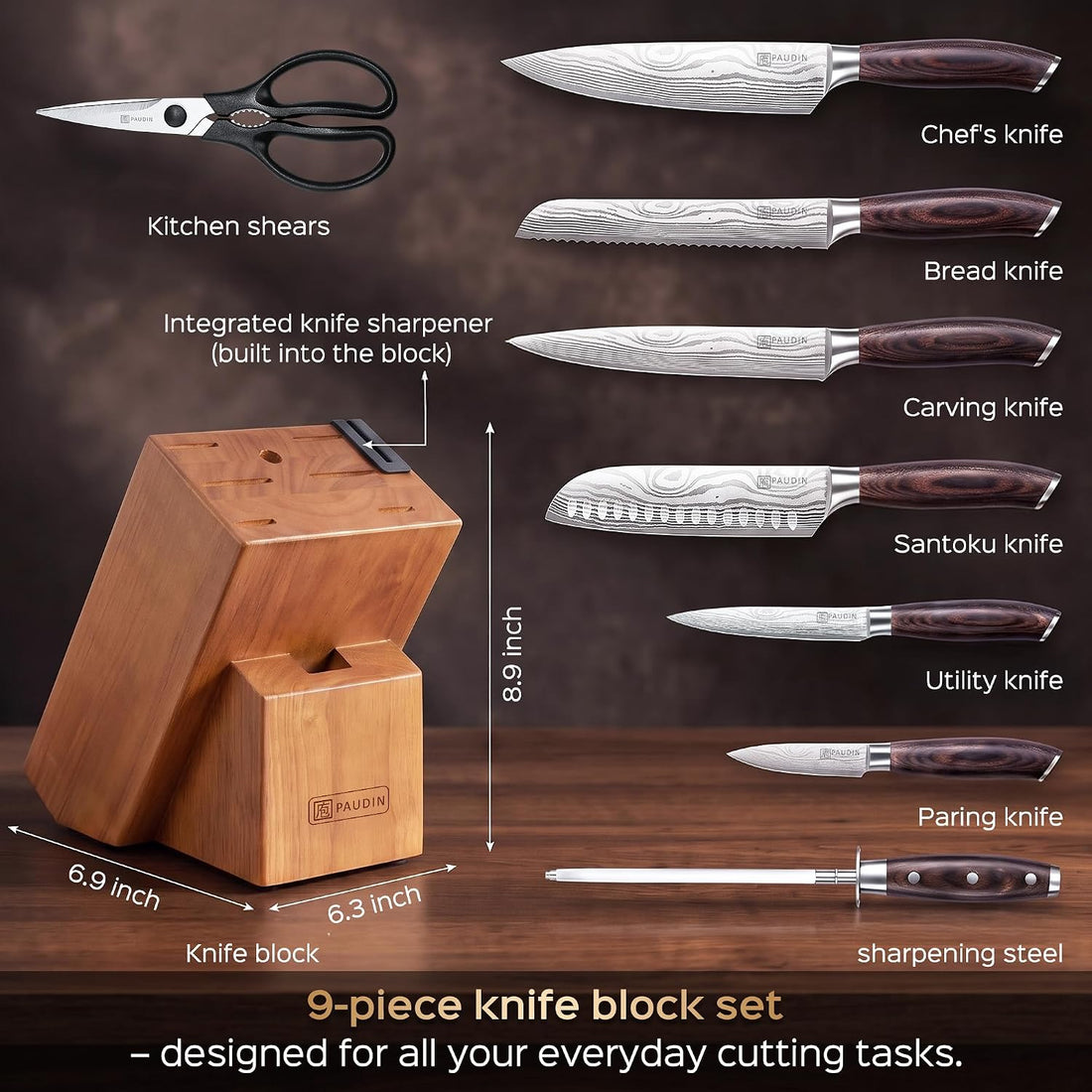 PAUDIN KT9 10-Piece Knife Set with Wooden Knife Block & Built-in Sharpener