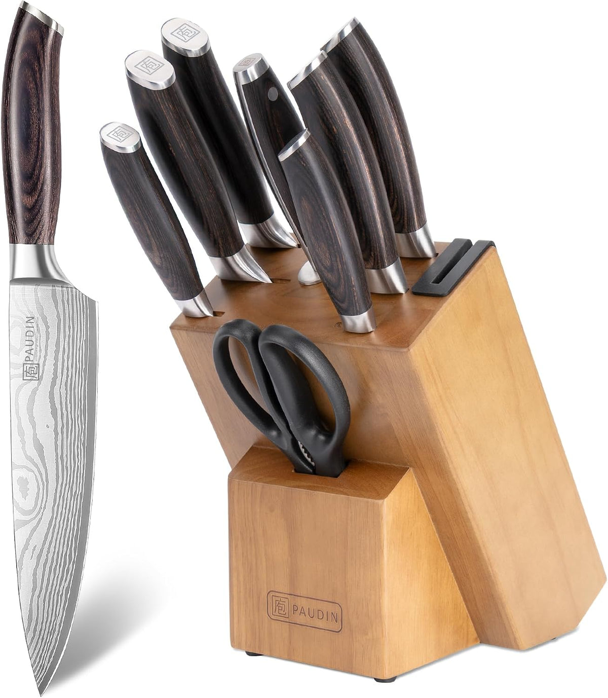 PAUDIN KT9 10-Piece Knife Set with Wooden Knife Block & Built-in Sharpener