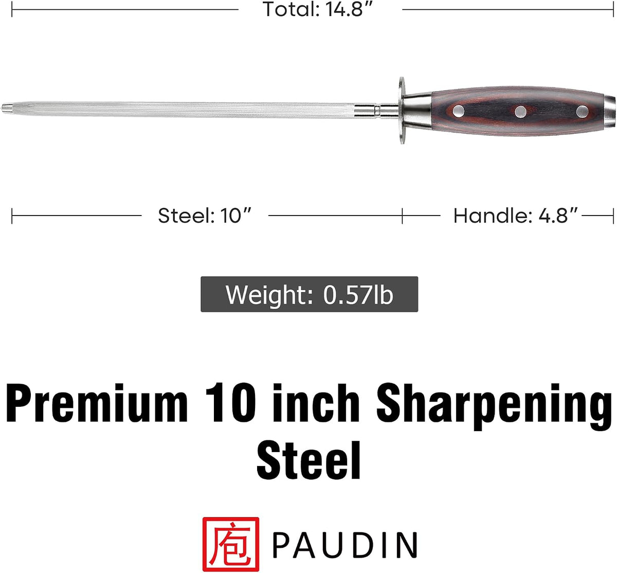 PAUDIN KS3 Honing Steel 10", Professional Knife Sharpening Rod for Kitchen Knives