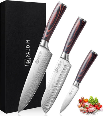 PAUDIN NS3 Chef Knife Set, High Carbon Steel with 8"Chef 7"Santoku and 3.5"Fruit