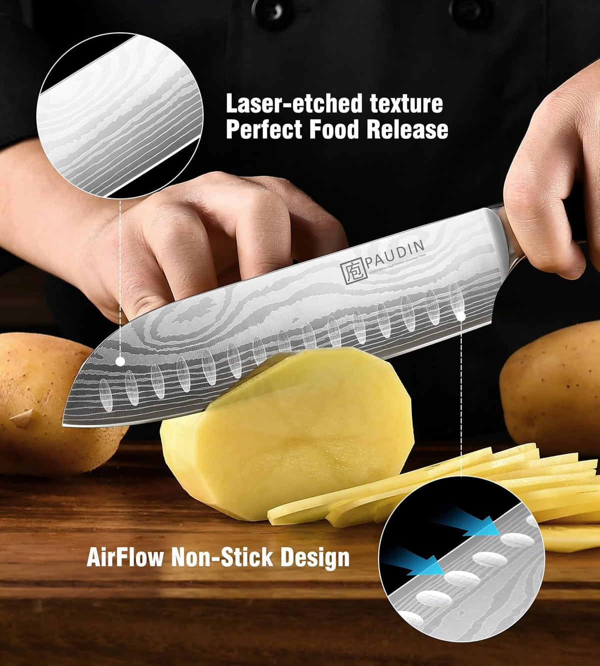 PAUDIN NS3 Chef Knife Set, High Carbon Steel with 8"Chef 7"Santoku and 3.5"Fruit