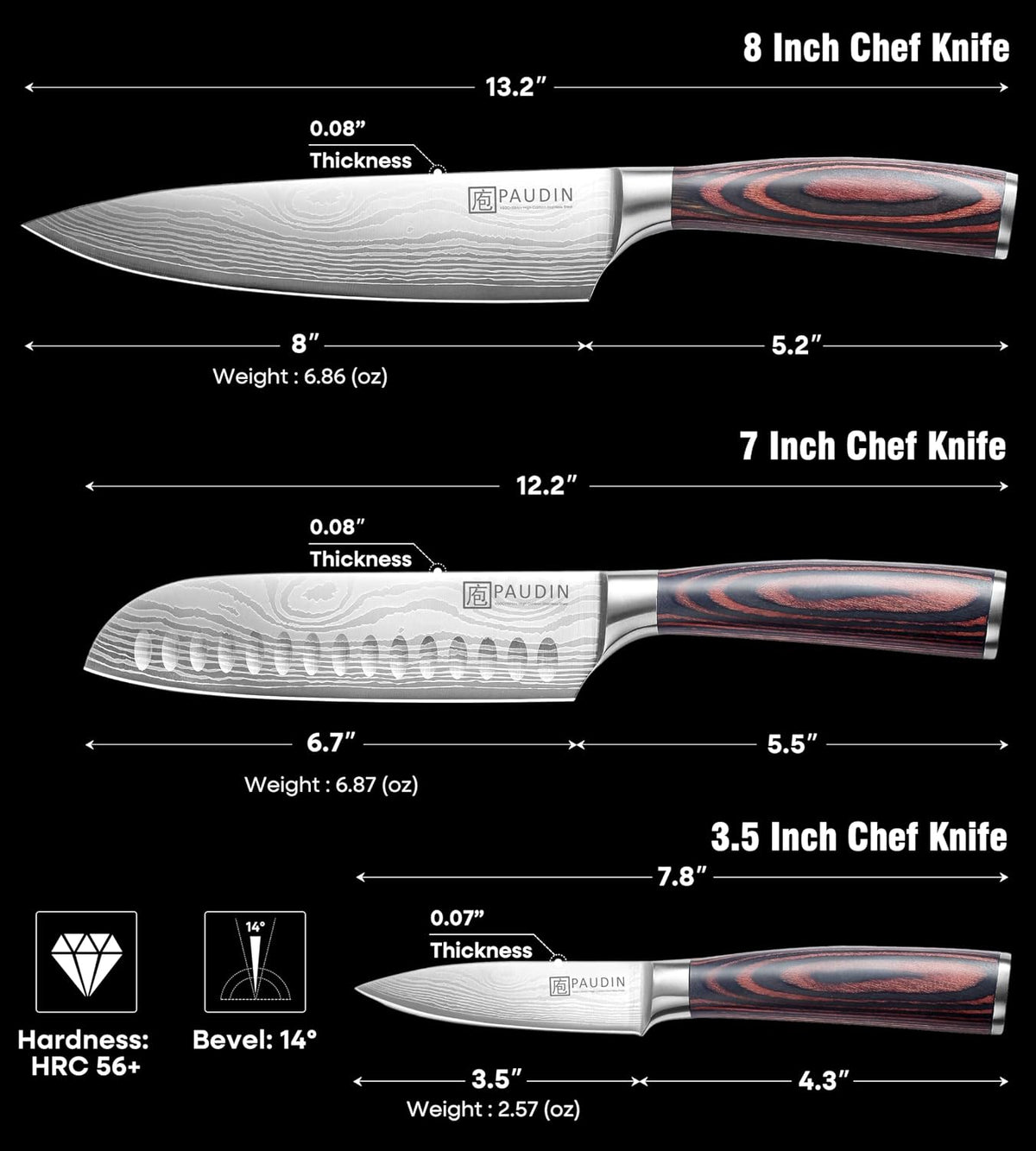 PAUDIN NS3 Chef Knife Set, High Carbon Steel with 8"Chef 7"Santoku and 3.5"Fruit