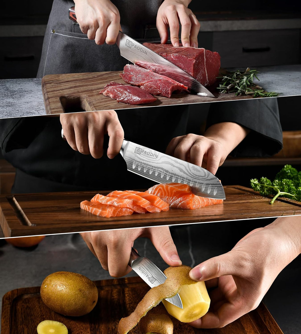 PAUDIN NS3 Chef Knife Set, High Carbon Steel with 8"Chef 7"Santoku and 3.5"Fruit