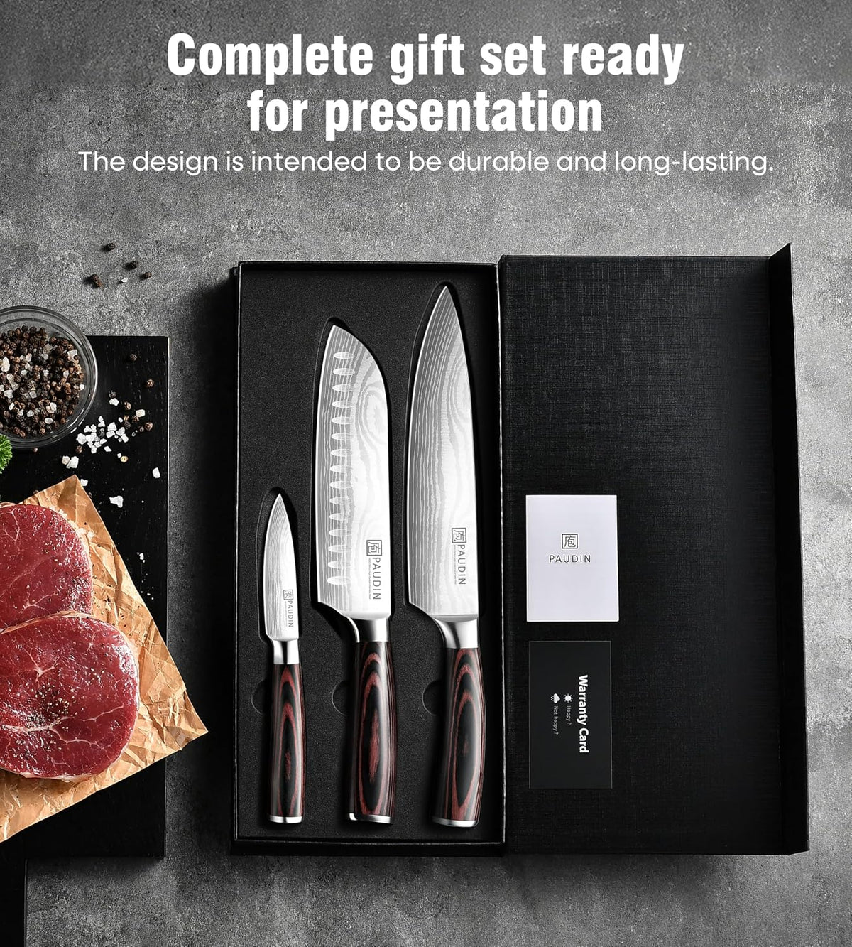 PAUDIN NS3 Chef Knife Set, High Carbon Steel with 8"Chef 7"Santoku and 3.5"Fruit