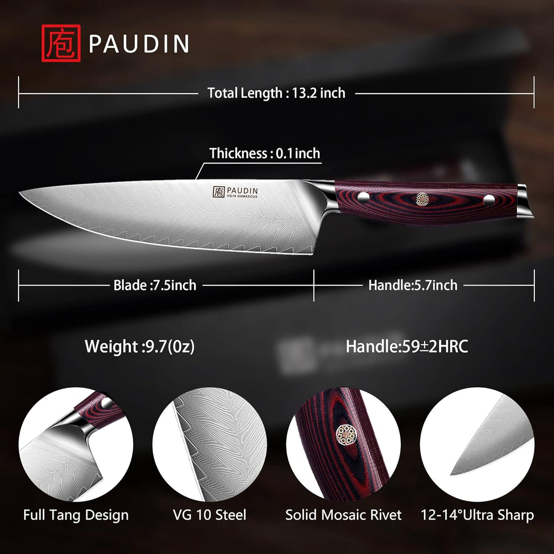 PAUDIN Plume Luxe Series | 8-Inch 67-Layer VG10 Damascus Chef’s Knife