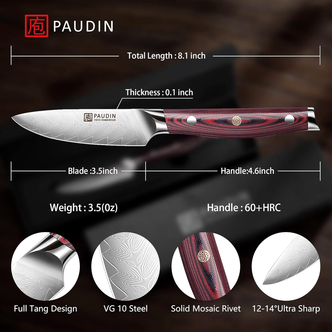 PAUDIN Plume Luxe Damascus Paring Knife 3.5"