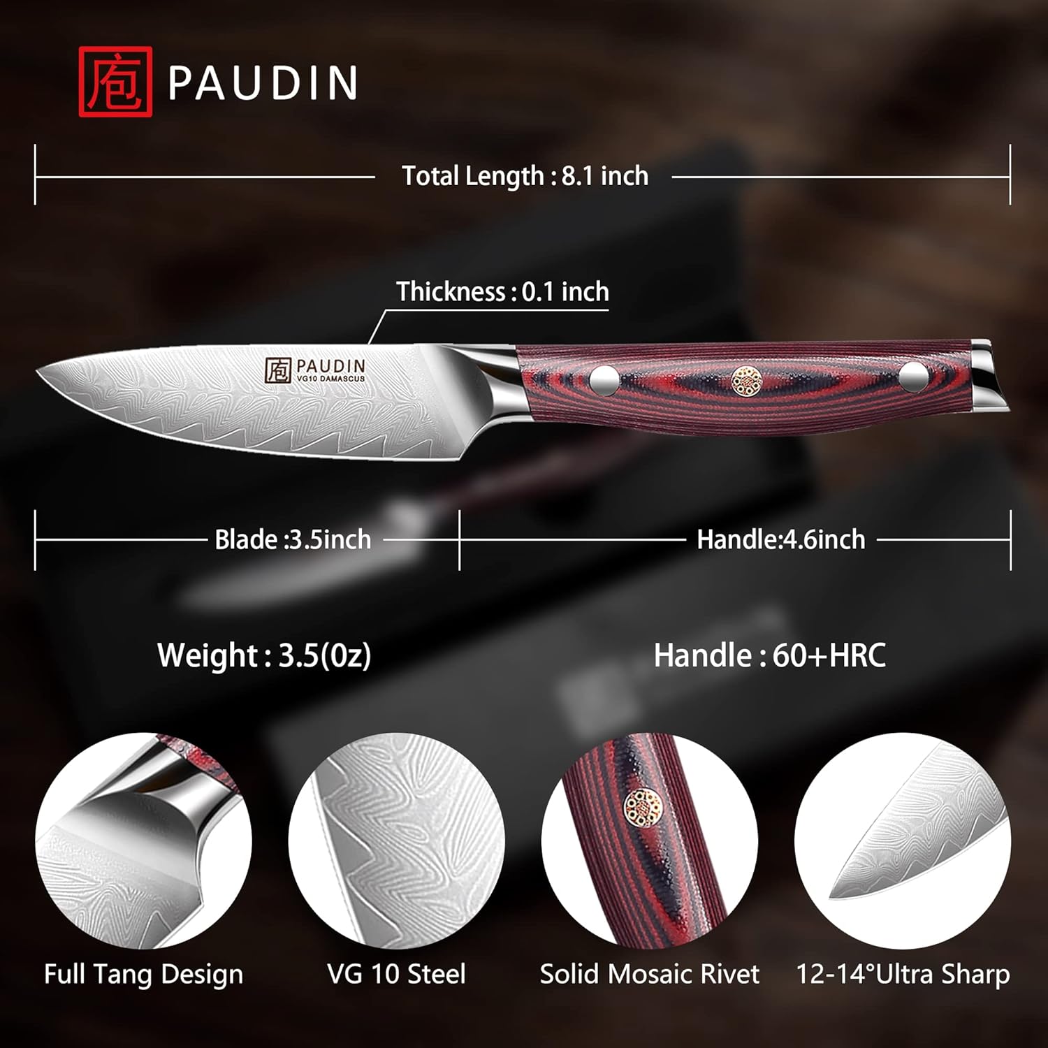PAUDIN Plume Luxe Damascus Paring Knife 3.5"